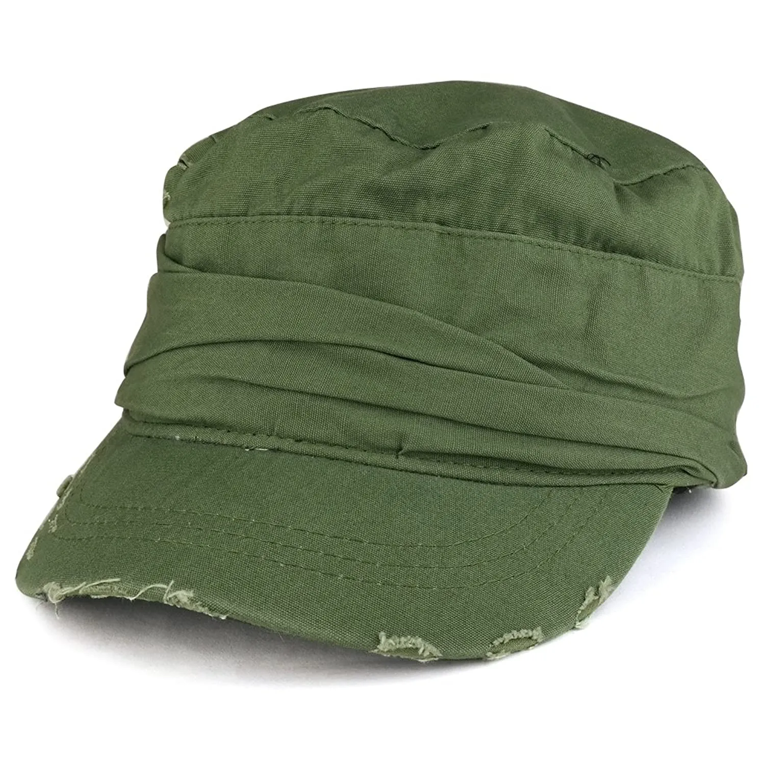 Vintage Frayed Wrinkled Elastic Band Cadet Style Army Cap