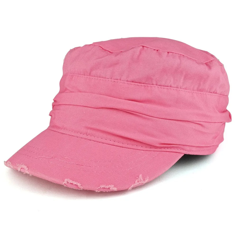 Vintage Frayed Wrinkled Elastic Band Cadet Style Army Cap