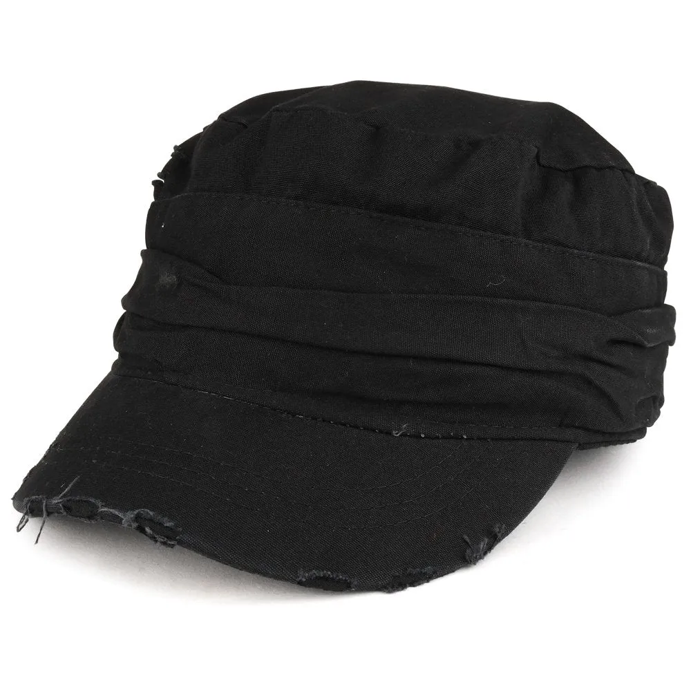 Vintage Frayed Wrinkled Elastic Band Cadet Style Army Cap