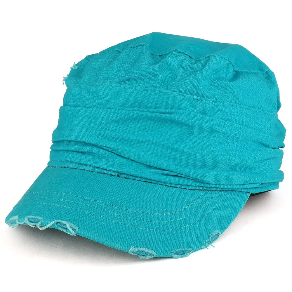 Vintage Frayed Wrinkled Elastic Band Cadet Style Army Cap