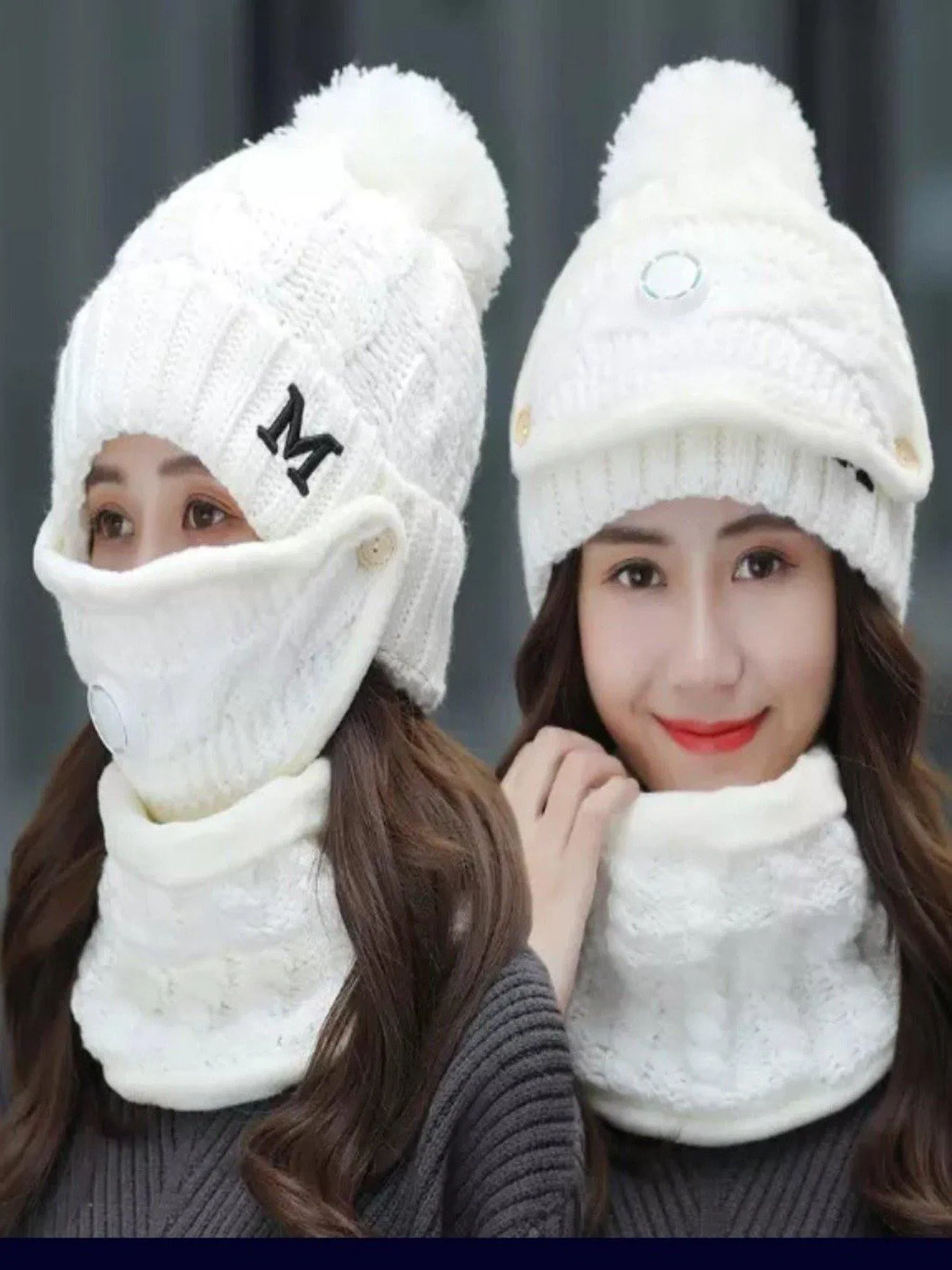 Women Winter Knit 3pcs Hat Set with Breathing Valve