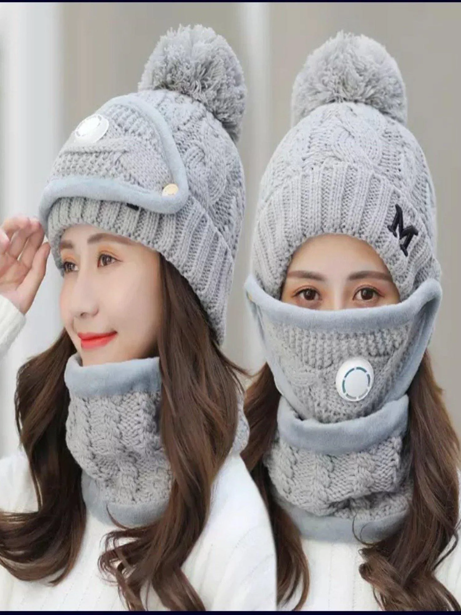 Women Winter Knit 3pcs Hat Set with Breathing Valve