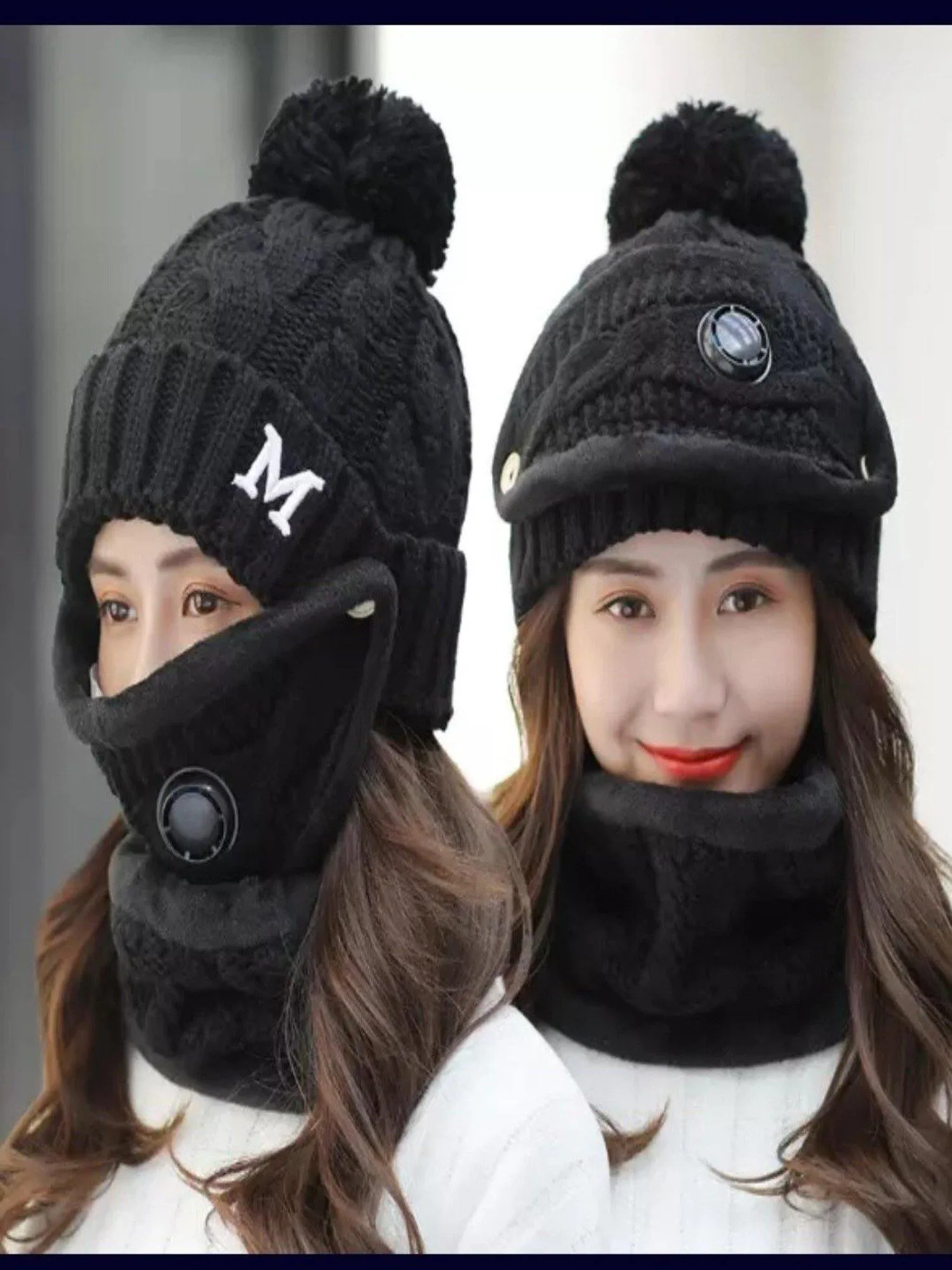 Women Winter Knit 3pcs Hat Set with Breathing Valve