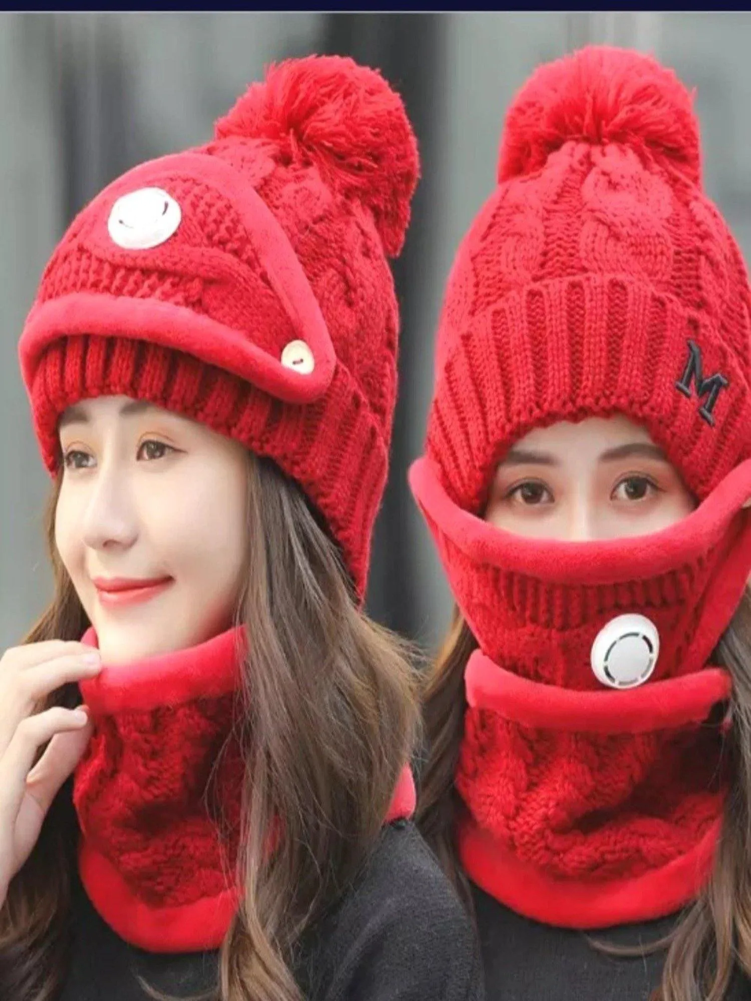 Women Winter Knit 3pcs Hat Set with Breathing Valve