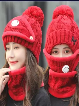 Women Winter Knit 3pcs Hat Set with Breathing Valve