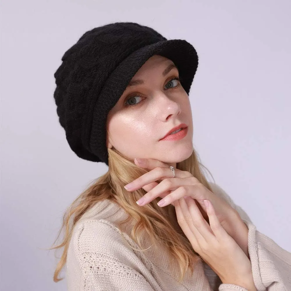 Women Winter Warm Knit Hat Fleece Lined Snow Ski Cap with Visor