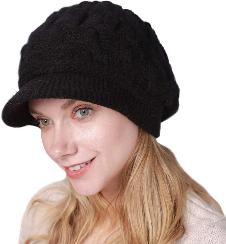 Women Winter Warm Knit Hat Fleece Lined Snow Ski Cap with Visor