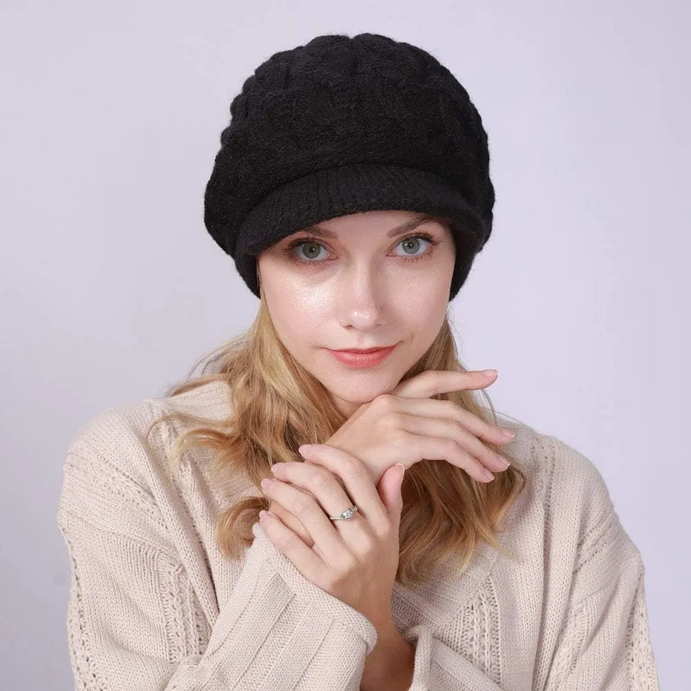 Women Winter Warm Knit Hat Fleece Lined Snow Ski Cap with Visor