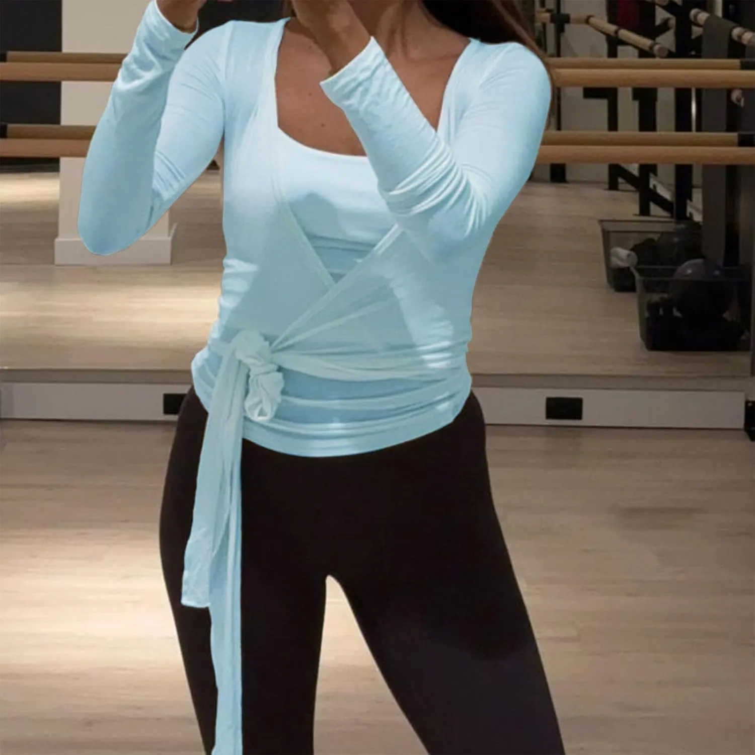 Women Wrap Tie Top Y2k Long Sleeve Ballet Workout Yoga Shirt Coquette Blouses
