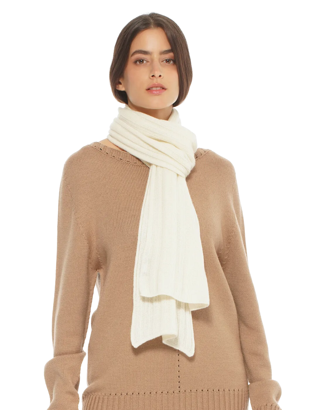 Womens's Pure Cashmere Ribbed Scarf Milk White