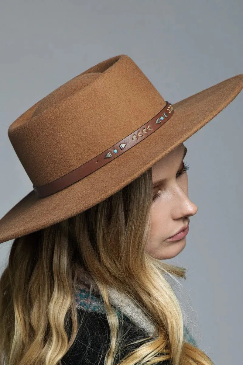 Wool Boater Hat with Navajo Inspired Leather Trim (Pecan)