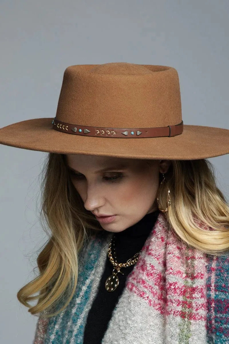 Wool Boater Hat with Navajo Inspired Leather Trim (Pecan)