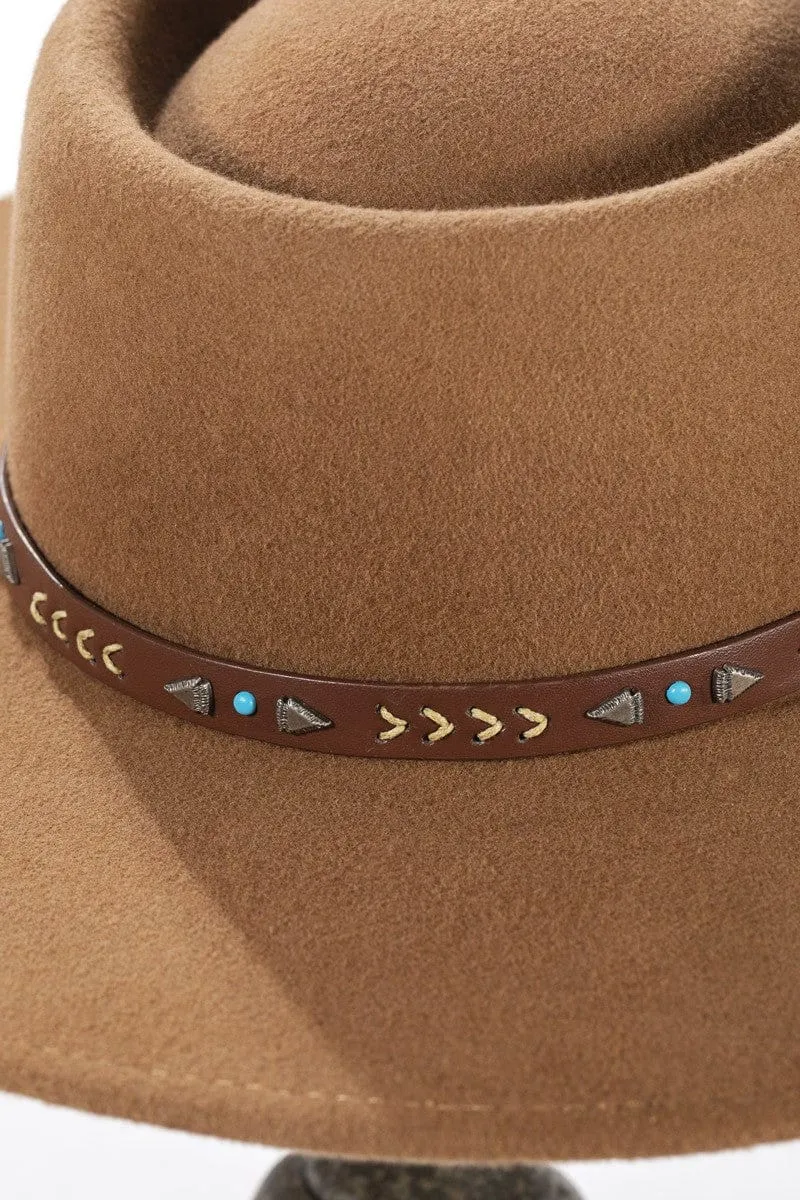Wool Boater Hat with Navajo Inspired Leather Trim (Pecan)