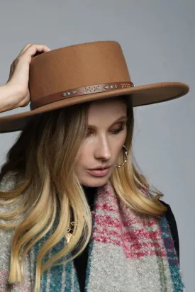 Wool Boater Hat with Navajo Inspired Leather Trim (Pecan)