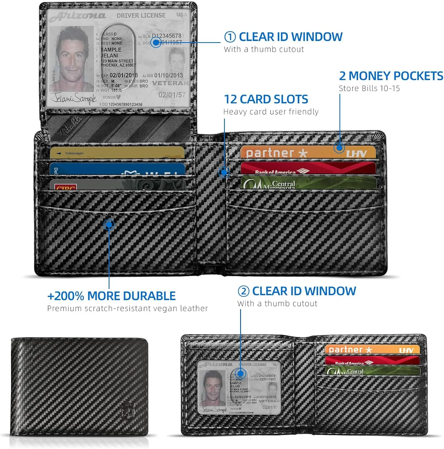 Zitahli Men's Slim RFID Blocking Leather Wallet,12 Card Slots Bifold Wallet,Ultra-Thin 0.39" Front Pocket Design 2 ID Window with Gift Box